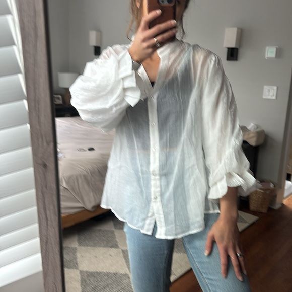 Boho Cotton Blend Button up White Full Bishop Sleeve Top - Picture 10 of 10